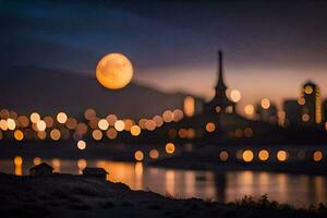 el Luna es brillante brillantemente terminado un ciudad. generado por ai foto