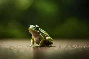 a frog sitting on the ground with a green background. AI-Generated photo