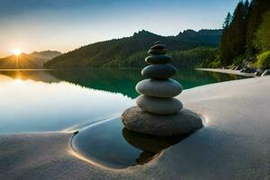 a stack of rocks on the beach at sunset. AI-Generated photo