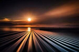 the sun is setting over a lake with a long line of pipes. AI-Generated photo