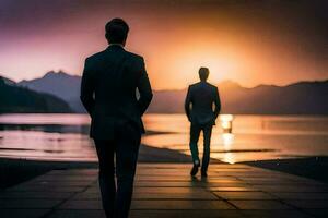 two men in suits walking along a pier at sunset. AI-Generated photo