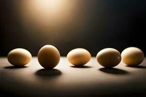 five eggs are lined up in a row. AI-Generated photo