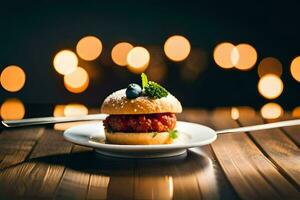 a small hamburger on a plate with silverware. AI-Generated photo