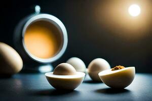 eggs on a table with a light behind them. AI-Generated photo
