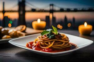 a plate of spaghetti with tomato sauce and candles on a table in front of a city skyline. AI-Generated photo