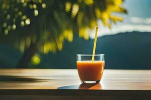 a glass of orange juice on a table in front of a tropical landscape. AI-Generated photo