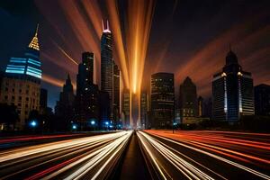 un ciudad a noche con luces y tráfico. generado por ai foto