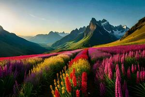 the sun rises over a field of wildflowers in the mountains. AI-Generated photo