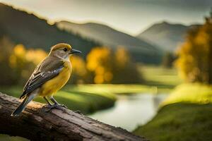 un amarillo pájaro se sienta en un rama cerca un río. generado por ai foto