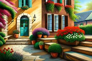 a painting of a house with flowers and plants. AI-Generated photo