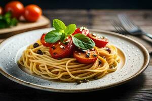 spaghetti with tomatoes and basil on a plate. AI-Generated photo