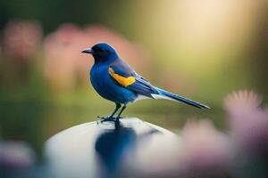 un azul pájaro con amarillo alas sentado en un registro. generado por ai foto