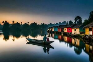 a couple in a boat on the water near colorful houses. AI-Generated photo