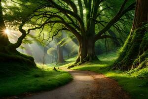 a path through a green forest with trees and sun. AI-Generated photo