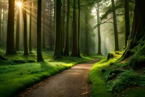 un camino mediante un bosque con luz de sol brillante mediante el arboles generado por ai foto