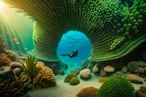 a diver swims through an underwater tunnel. AI-Generated photo