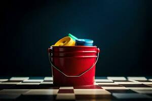 a red bucket with a yellow lid on a chess board. AI-Generated photo