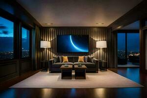 a living room with a large television and a couch. AI-Generated photo