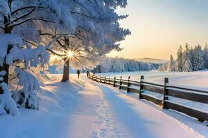 a snowy path leads to a fence and trees. AI-Generated photo