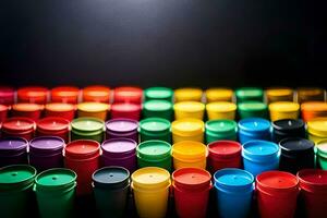 many colorful plastic cups are arranged in a row. AI-Generated photo