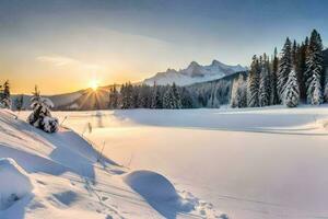 nieve cubierto montañas y arboles a puesta de sol. generado por ai foto