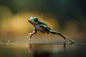 a frog jumping on the ground with its legs spread. AI-Generated photo