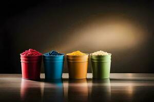 four colorful cups with different colored ice cream in them. AI-Generated photo