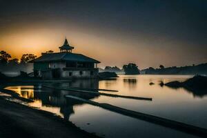 a small house sits on the shore of a lake at sunrise. AI-Generated photo