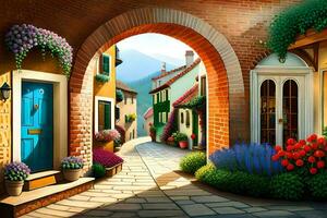 an illustration of a street with flowers and a blue door. AI-Generated photo