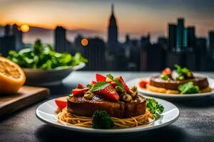 a plate of food with spaghetti and tomatoes on a table. AI-Generated photo