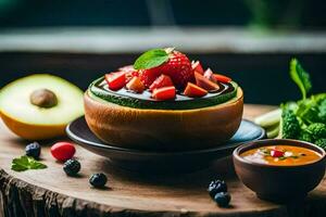 a bowl of fruit and vegetables on a wooden table. AI-Generated photo