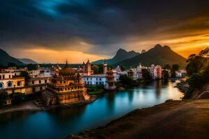 el puesta de sol terminado el ciudad de rishikesh. generado por ai foto