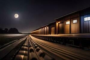 a train track at night with a full moon. AI-Generated photo
