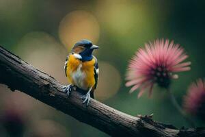 un pequeño pájaro es sentado en un rama. generado por ai foto