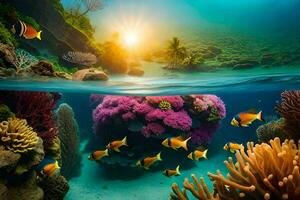 the sun shines over a coral reef and fish. AI-Generated photo