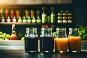 three different types of juice in glass bottles. AI-Generated photo