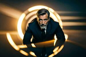 a man in a suit and tie is sitting in front of a circular light. AI-Generated photo