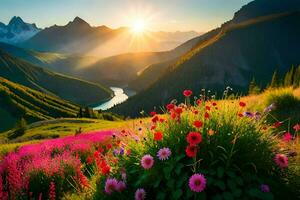 the sun rises over the mountains and flowers in the foreground. AI-Generated photo