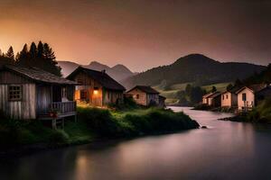 a river runs through a village at sunset. AI-Generated photo