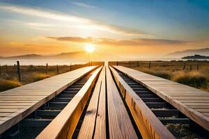 a wooden bridge over a field with the sun setting behind it. AI-Generated photo