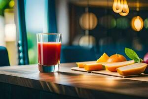 a glass of juice on a table with fruit. AI-Generated photo