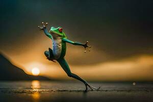 a frog jumping in the air at sunset. AI-Generated photo