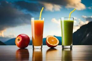 two glasses of juice with apples and oranges. AI-Generated photo