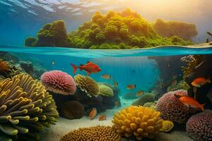 an underwater scene with coral reefs and fish. AI-Generated photo