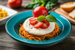 spaghetti with tomato and mozzarella cheese on a wooden table. AI-Generated photo