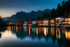 vistoso casas en el bancos de un río a oscuridad. generado por ai foto