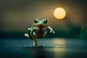 a frog jumping on the ground with the sun in the background. AI-Generated photo