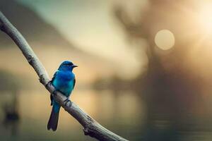 un azul pájaro se sienta en un rama cerca un lago. generado por ai foto