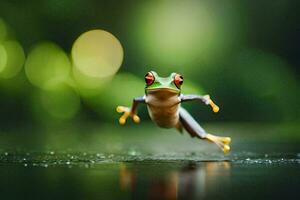 a frog jumping over water in the rain. AI-Generated photo