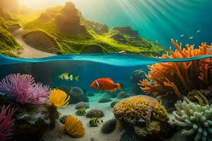 un submarino escena con coral y pez. generado por ai foto